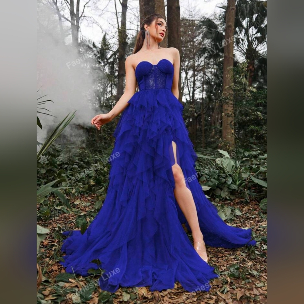 Royal Blue Strapless Mesh Overlay Hem Slit Thigh Tulle Dress. Size S.